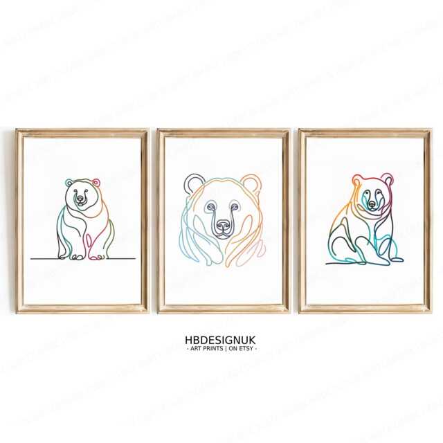 Minimal Bear Print Set - Colourful Line Art Posters - Wildlife Pictures Bears Wall Animal Home Decor Drawing Poster Artwork - image 1