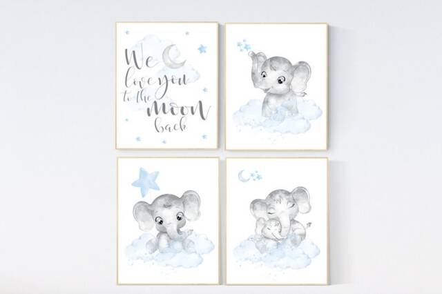 Elephant Nursery Prints Blue Moon & Stars Wall Art - image 1