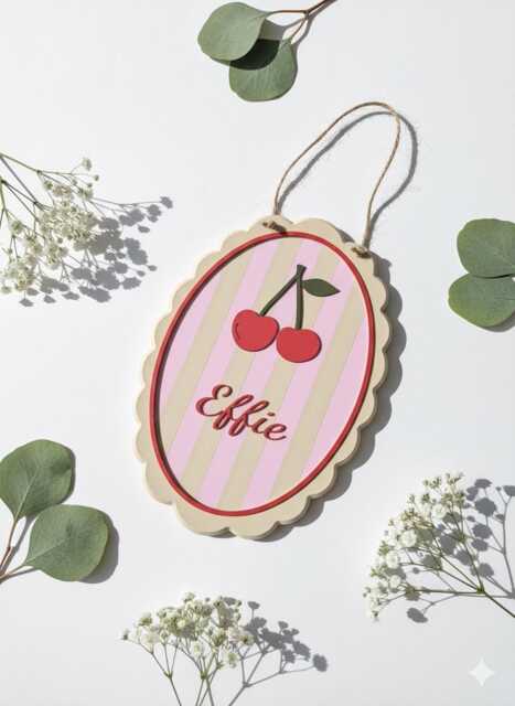 Personalised Wall Sign - Nursery Name Plaque For Baby Girl, Cherry Design Pastel Decor - image 1