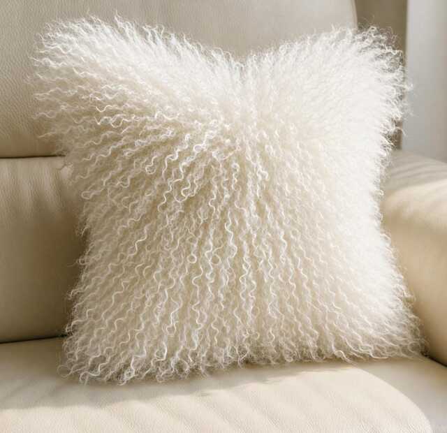 Large Mongolian Sheepskin Fur Cushion White - image 1
