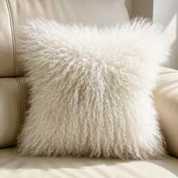 Large Mongolian Sheepskin Fur Cushion White - thumbnail 2