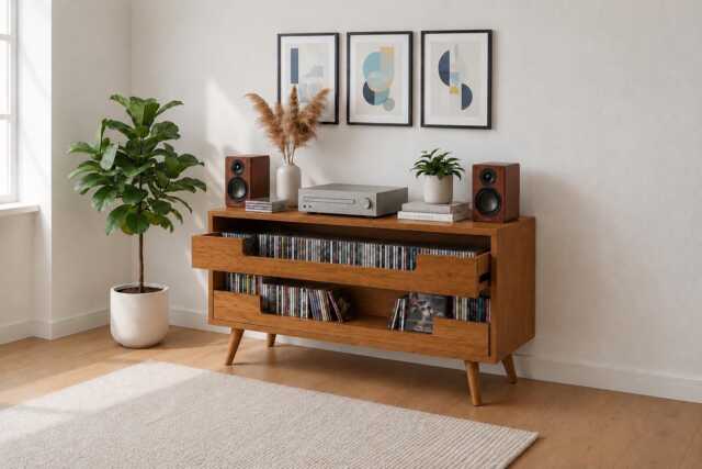 Mid-Century Modern Cd Storage Media Console - Wooden Entertainment Cabinet With Dual Drawers - image 1
