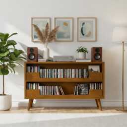 Mid-Century Modern Cd Storage Media Console - Wooden Entertainment Cabinet With Dual Drawers - thumbnail 2