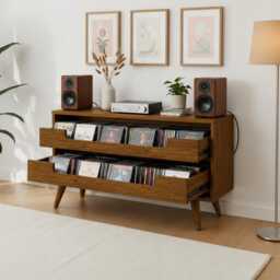Mid-Century Modern Cd Storage Media Console - Wooden Entertainment Cabinet With Dual Drawers - thumbnail 3
