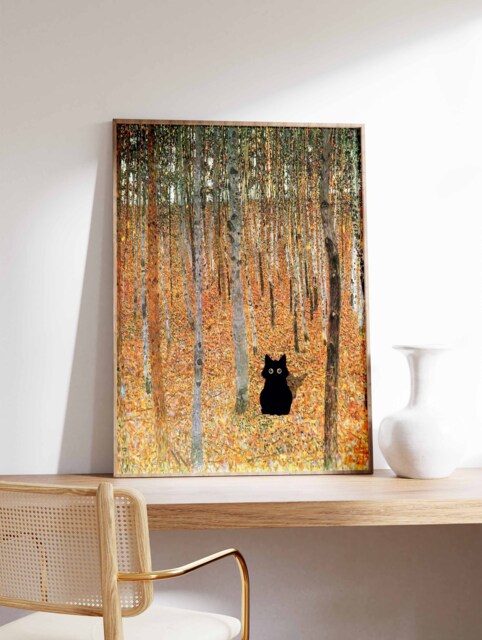 Gustav Klimt Cat Print, Birch Trees By Klimt, Poster, Art, Lovers Gift, Animal Feline Wall Art Decor - image 1
