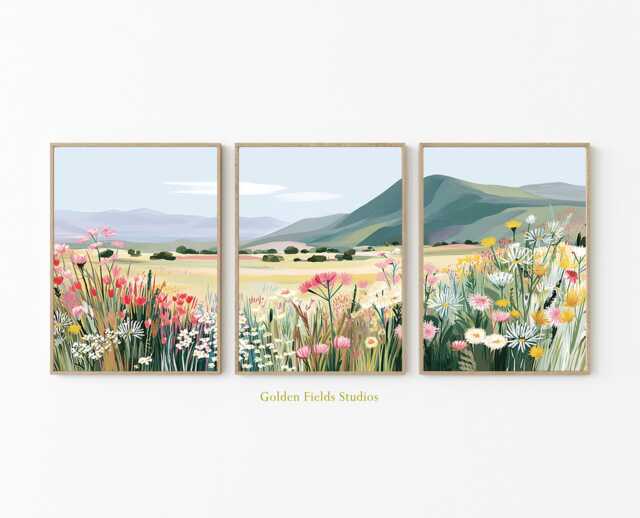 Wildflower Meadow Landscape Poster Set Of 3, Flat Illustration Art Print - image 1