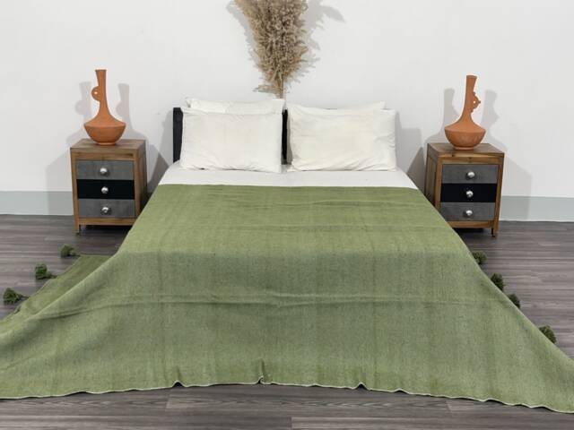 Cozy Blanket, Woven Customized Green Throw, Soft Moroccan Pom Cotton Blankets, Housewarming Gift - image 1