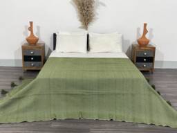 Cozy Blanket, Woven Customized Green Throw, Soft Moroccan Pom Cotton Blankets, Housewarming Gift - thumbnail 1