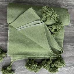 Cozy Blanket, Woven Customized Green Throw, Soft Moroccan Pom Cotton Blankets, Housewarming Gift - thumbnail 3