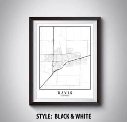 Davis Ca Map Print Black & White Road Map, Office Wall Art - thumbnail 1