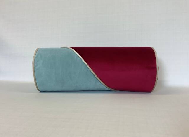 Velvet Bolster Cushion Cherry & Duck Egg, 20x50cm - image 1