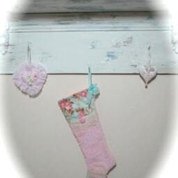 Pink Vintage Chenille Christmas Stocking With Turquoise Floral Print - thumbnail 2