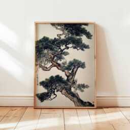 Japanese Pine Tree Art, Ink Wash Print, Zen Nature Wall Decor, Asian Landscape Poster, Antique Style Art - thumbnail 1