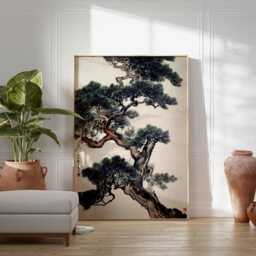 Japanese Pine Tree Art, Ink Wash Print, Zen Nature Wall Decor, Asian Landscape Poster, Antique Style Art - thumbnail 2