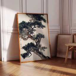 Japanese Pine Tree Art, Ink Wash Print, Zen Nature Wall Decor, Asian Landscape Poster, Antique Style Art - thumbnail 3