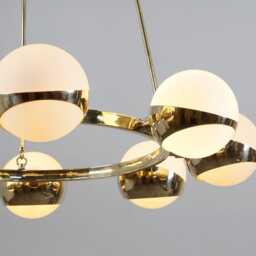 Stilnovo Style Brass Ring Chandelier - Nine Globe Mid Century Pendant Light - thumbnail 3