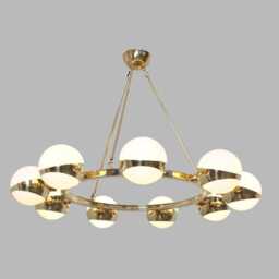 Stilnovo Style Brass Ring Chandelier - Nine Globe Mid Century Pendant Light - thumbnail 2