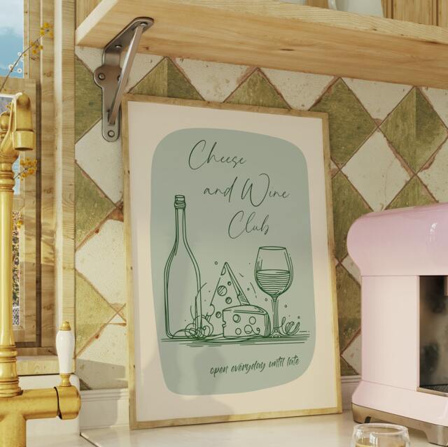 Cheese & Wine Club Art Print Sage Green Kitchen Decor - image 1
