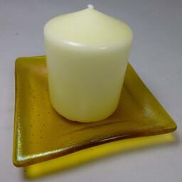 Hand Crafted Glass Candle Holder Dish/Plate - Iridescent Yellow Trinket Display Made Gift Christmas Festive