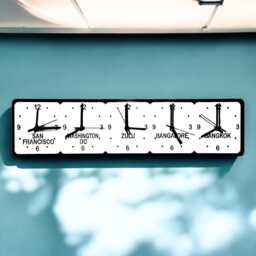 Custom Five Time Zone Clock Black & White Family Name Wall Decor - thumbnail 2