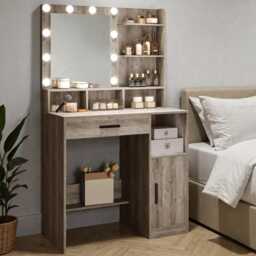 Dressing Table Led Makeup Vanity With Mirror, Shelves, Drawer & Cabinet