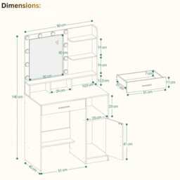Dressing Table Led Makeup Vanity With Mirror, Shelves, Drawer & Cabinet - thumbnail 4