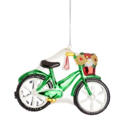 Green Bike With Flower Basket Glass Christmas Tree Hanging Bauble - Festive Season Fun Bicycle Tour De France Racing Road Cyclist Xmas Gift