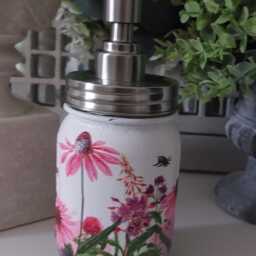 Beautiful Pink Floral Meadow Decoupaged Mason Jar Soap Dispenser - thumbnail 2