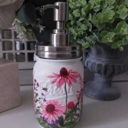Beautiful Pink Floral Meadow Decoupaged Mason Jar Soap Dispenser - thumbnail 3