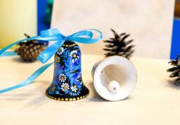 Ukrainian Christmas Ornament Bell, Bell Decoration, Painted Petrykivka Ornament, Blue Flower Tree Decor, Unique Wooden