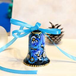 Ukrainian Christmas Ornament Bell, Bell Decoration, Painted Petrykivka Ornament, Blue Flower Tree Decor, Unique Wooden - thumbnail 3