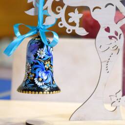 Ukrainian Christmas Ornament Bell, Bell Decoration, Painted Petrykivka Ornament, Blue Flower Tree Decor, Unique Wooden - thumbnail 4