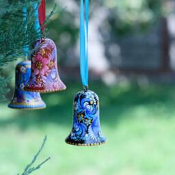 Ukrainian Christmas Ornament Bell, Bell Decoration, Painted Petrykivka Ornament, Blue Flower Tree Decor, Unique Wooden - thumbnail 2