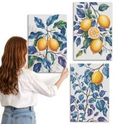 3 Piece Canvas Set - Lemons On Branches With Blue Leaves, Wall Art Canvas, Plants & Flowers Hanging - thumbnail 3