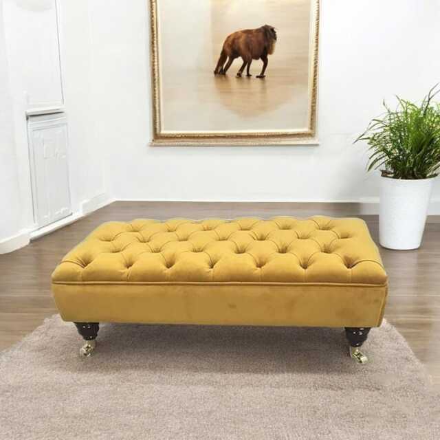 Chesterfield Velvet Footstool - Tufted Ottoman With Mahogany Castor Legs - image 1