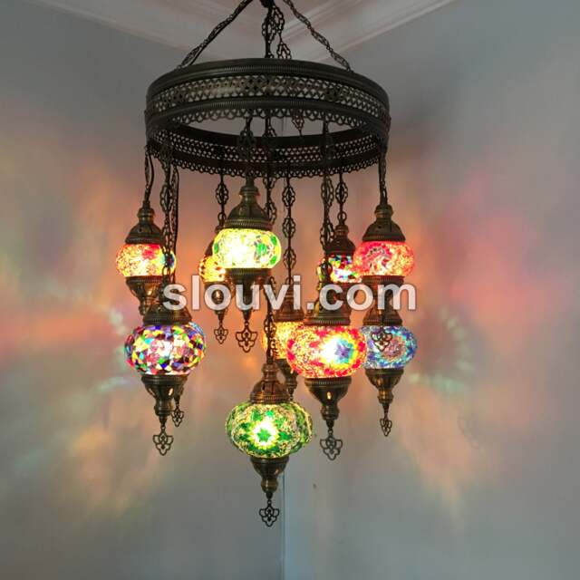 11 Ball Turkish Sultan Mosaic Chandelier - Handmade Design With Medium Globes - image 1