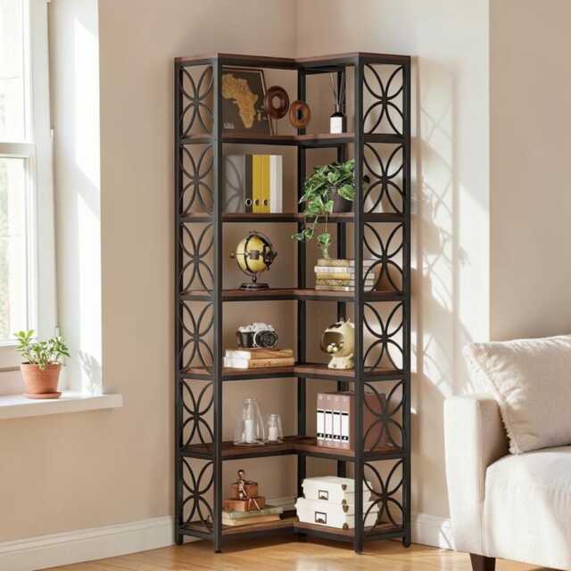 L-Shaped Corner Bookshelf, Tall Wooden Bookcase With Metal Frame For Office & Living Room - image 1