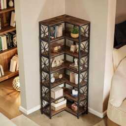 L-Shaped Corner Bookshelf, Tall Wooden Bookcase With Metal Frame For Office & Living Room - thumbnail 3