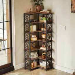 L-Shaped Corner Bookshelf, Tall Wooden Bookcase With Metal Frame For Office & Living Room - thumbnail 2
