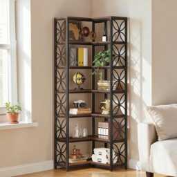 L-Shaped Corner Bookshelf, Tall Wooden Bookcase With Metal Frame For Office & Living Room