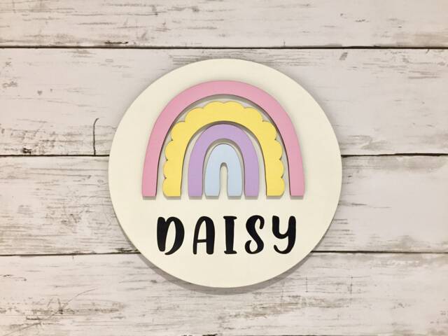 Personalised Children's Door Or Wall Name Plaque With Rainbow - Custom Wooden Nursery Decoration - image 1