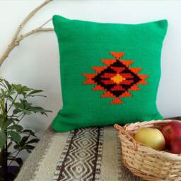 Handwoven Green Kilim Pillow Cover Boho Wool Cushion - 16x16 In - thumbnail 1