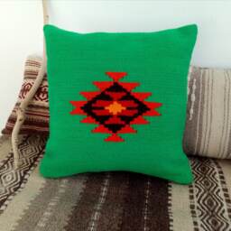 Handwoven Green Kilim Pillow Cover Boho Wool Cushion - 16x16 In - thumbnail 2