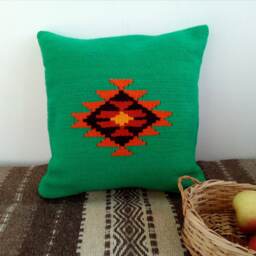 Handwoven Green Kilim Pillow Cover Boho Wool Cushion - 16x16 In - thumbnail 3