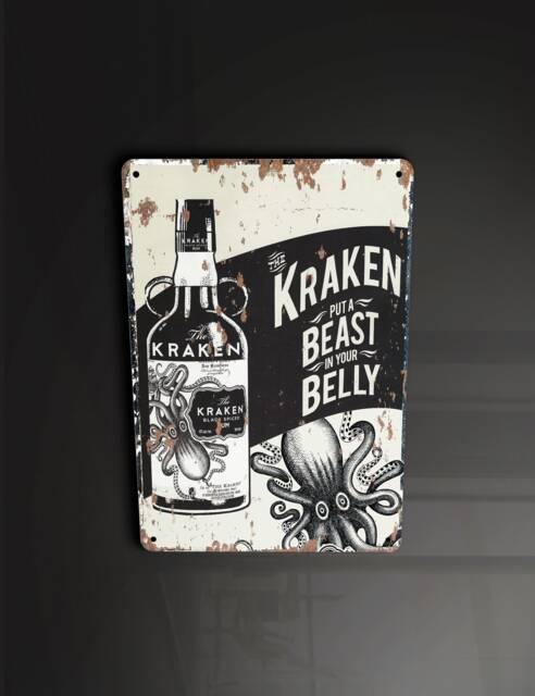 Kraken Rum Beast Of The Belly Octopus Squid Pub Beer Bar - Metal Sign Plaque Wall Art Decor Signage