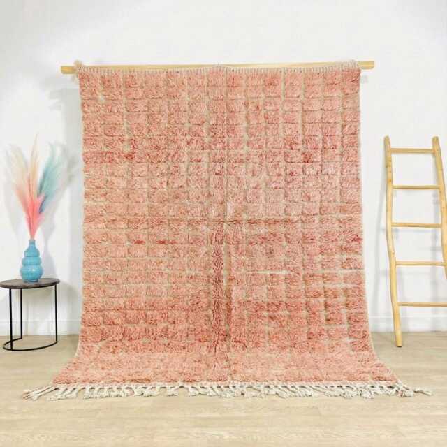 Moroccan Salmon Berber Rug, Handwoven Wool Shag Rug With Grid Square Motifs, Authentic Beni Ourain Style Carpet, Large 9x12 Area - image 1