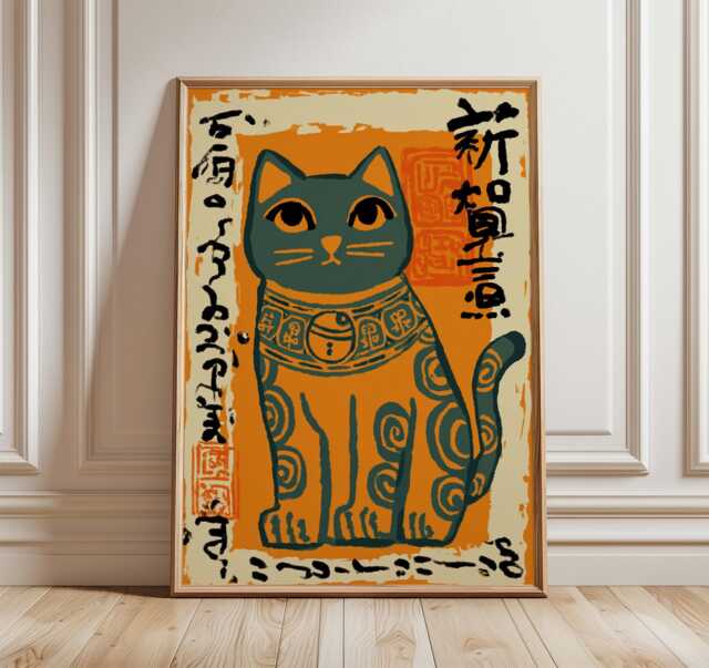 Lucky Cat Wall Art, Japanese Folk Style Poster, Bold Orange & Teal Print, Retro Maneki Neko Illustration, Oriental Charm Home Decor - image 1