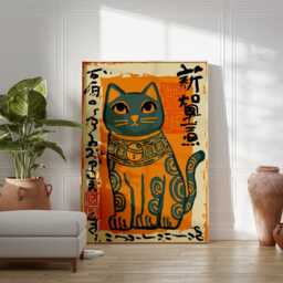 Lucky Cat Wall Art, Japanese Folk Style Poster, Bold Orange & Teal Print, Retro Maneki Neko Illustration, Oriental Charm Home Decor - thumbnail 3