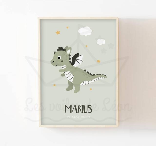 Baby Dragon Poster, Children's Room Decoration, Knight, Baby Shower Gift Idea, Fairy Animals, Stars, Cloud - image 1