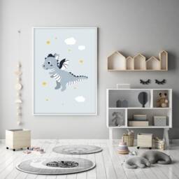 Baby Dragon Poster, Children's Room Decoration, Knight, Baby Shower Gift Idea, Fairy Animals, Stars, Cloud - thumbnail 3